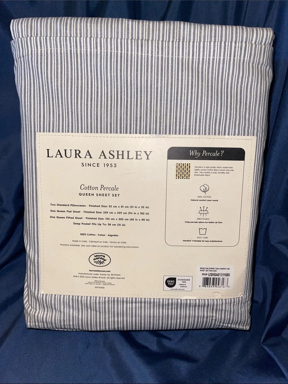 Laura Ashley Blue and White Pinstripe Cotton Percale Queen Sheet Set